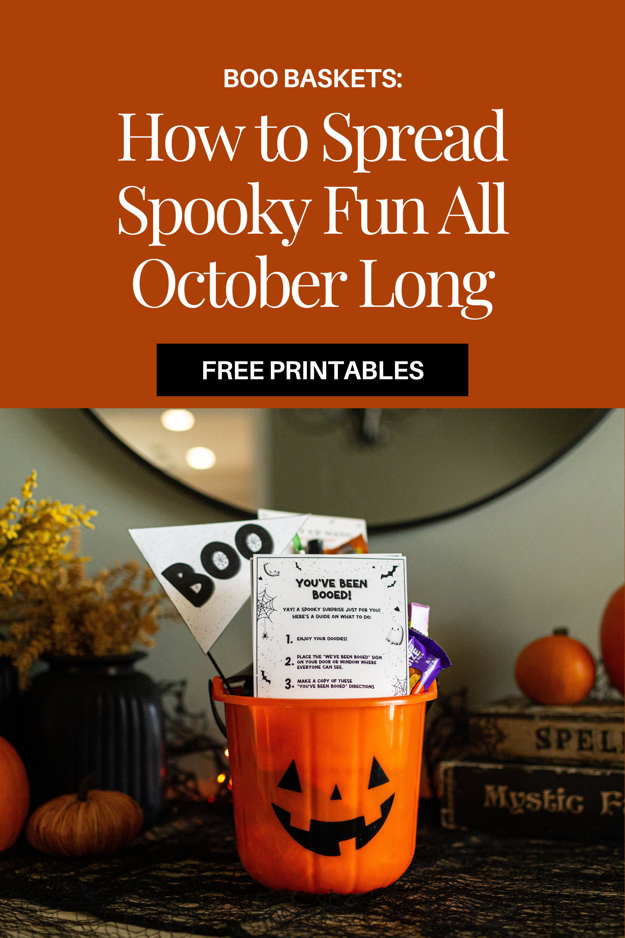 Festive Halloween boo basket filled with spooky treats and goodies for neighbors, featuring candy, a cute pumpkin-themed card, and fun Halloween decorations. Perfect for surprising friends and spreading Halloween cheer with a playful and creative gift idea.